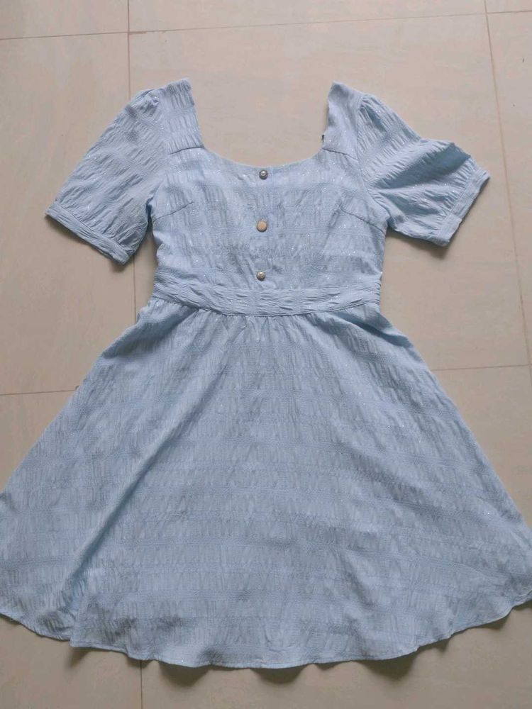 Light Blue Puff Sleeve A-Line Dress