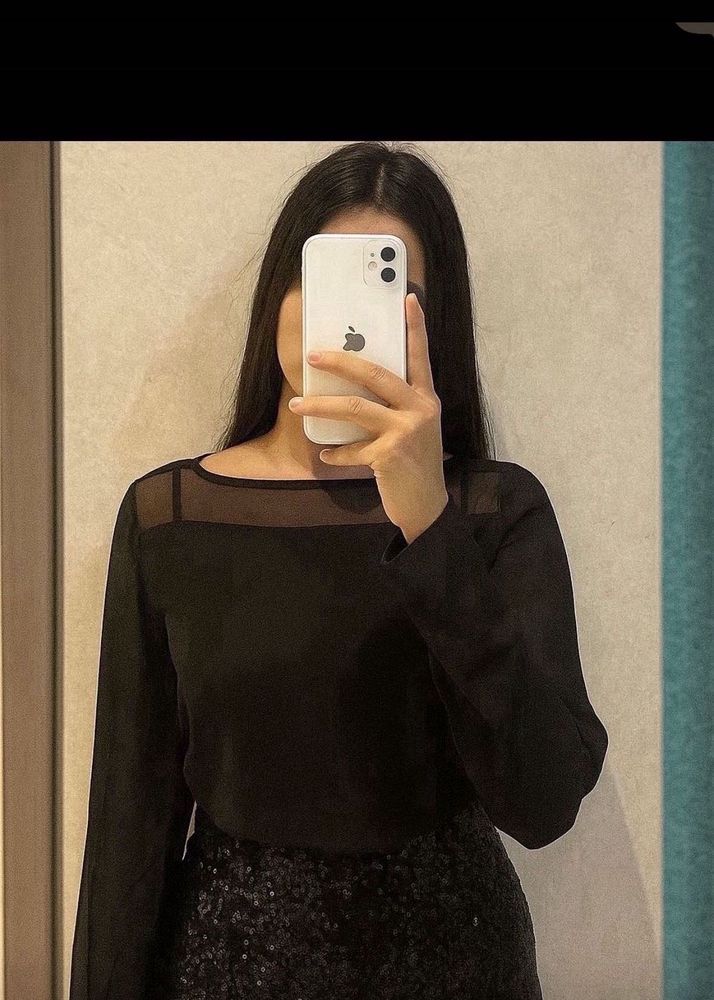 Chic Sheer Neckline Black Top