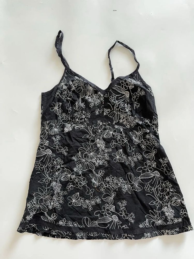 Black Floral Embroidered Spaghetti Strap Top