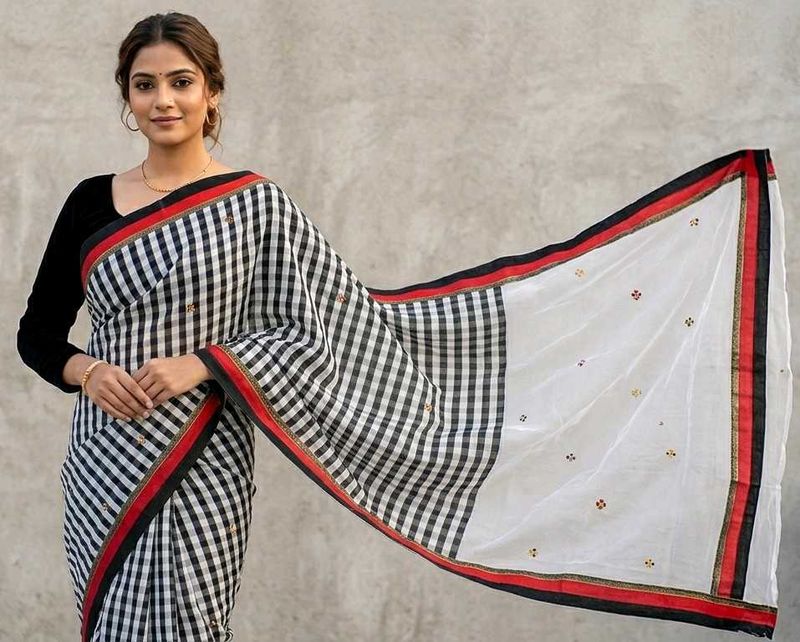 Elegant Black &amp; White Checkered Saree