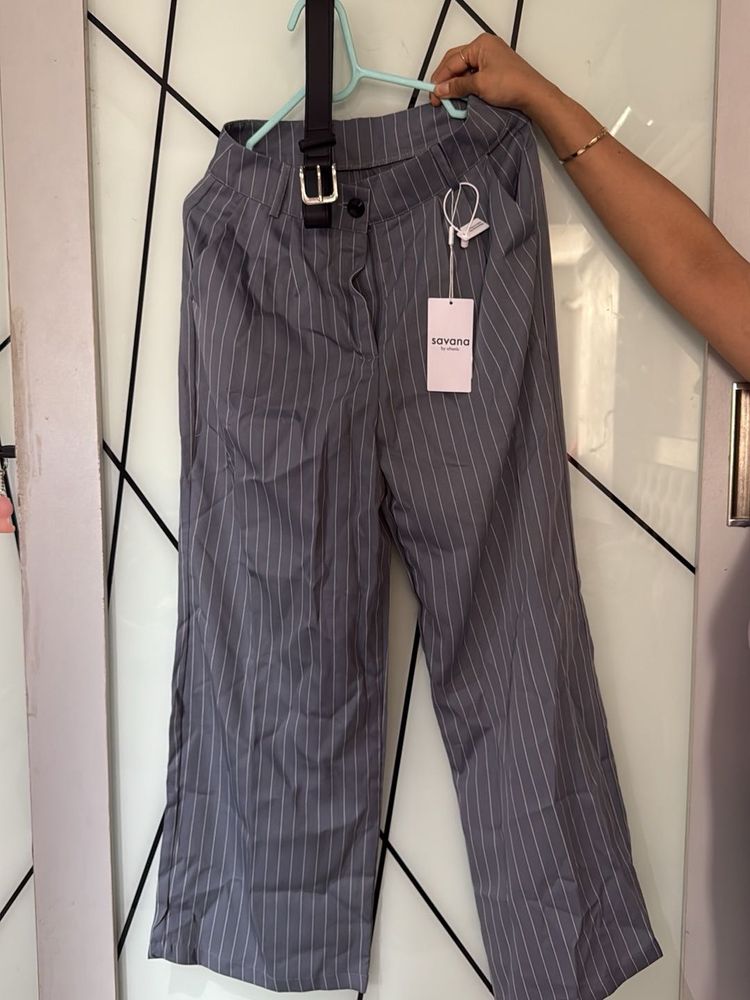 Stylish Grey Pinstripe Wide Leg Pants