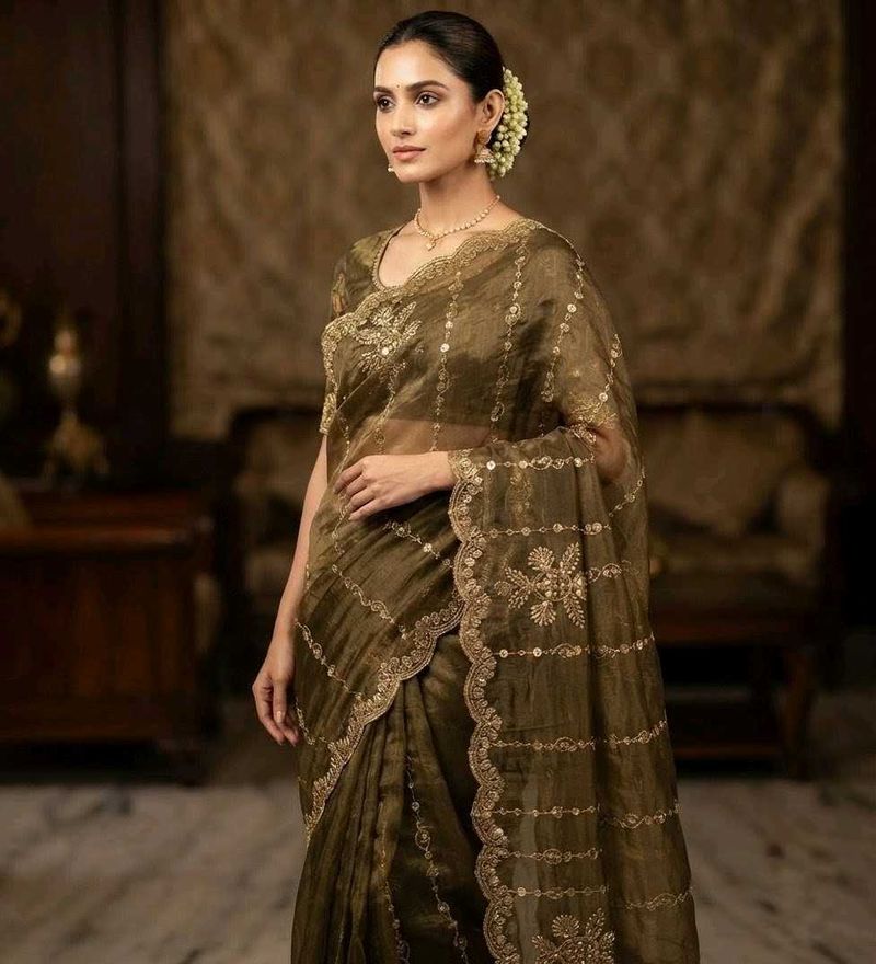 Elegant Olive Green Embroidered Saree