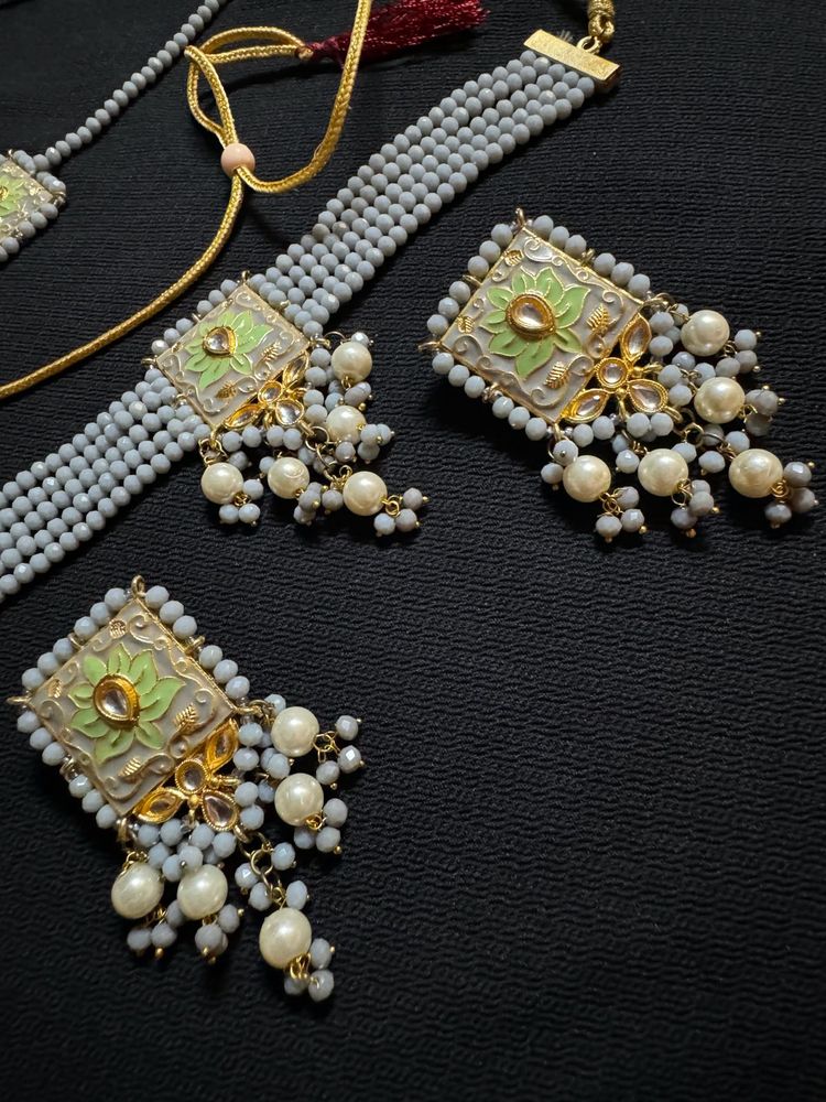Gold Plated Gray Moti With Minakari Jewellery Set