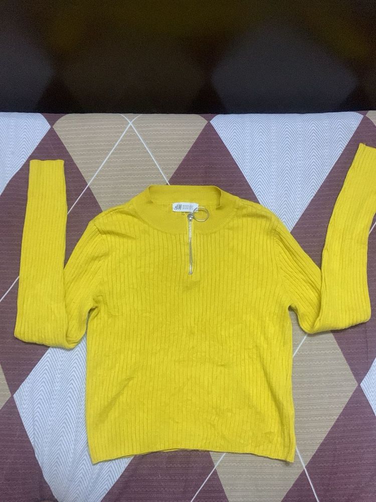 Yellow Ribbed Zip-Up Sweater
