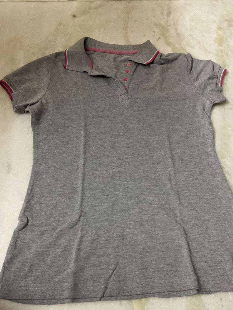 Gray Polo Shirt with Pink Trim