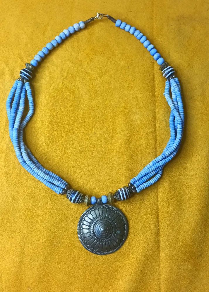 Bohemian Bone Beaded Necklace with Brass Pendant