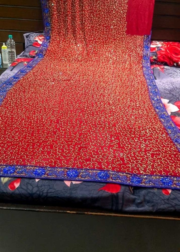 Elegant Red Saree with Gold dubka work