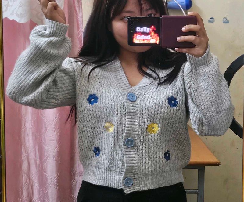Gray Embroidered Button-Up Cardigan