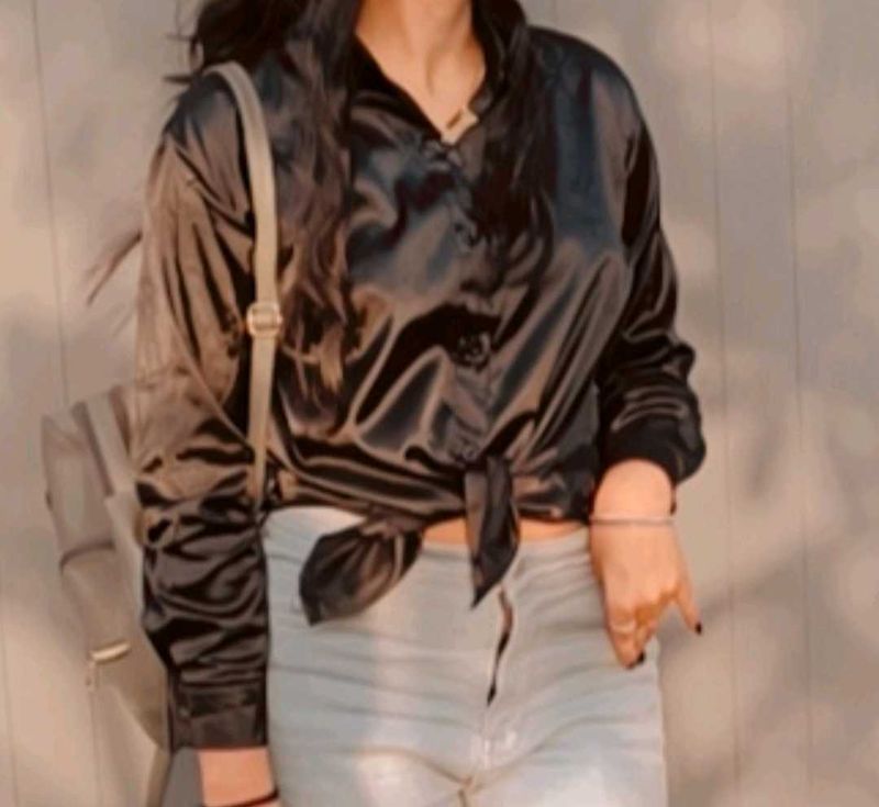 Black Satin Tie-Front Shirt