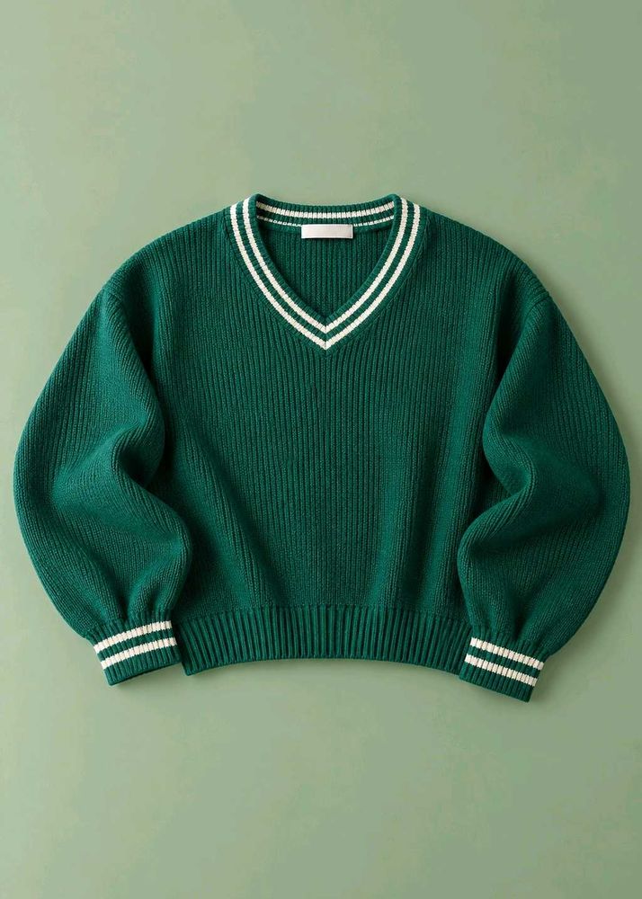 EMERALD GREEN STRIPED V-NECK SWEATER