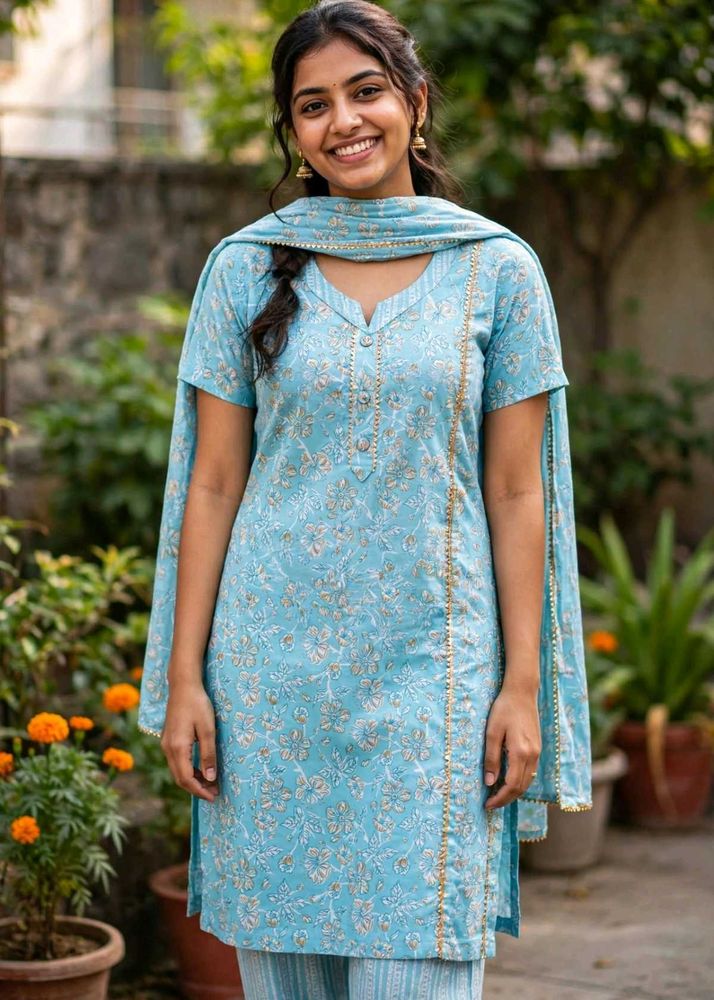 Blue Floral Print Kurta Set