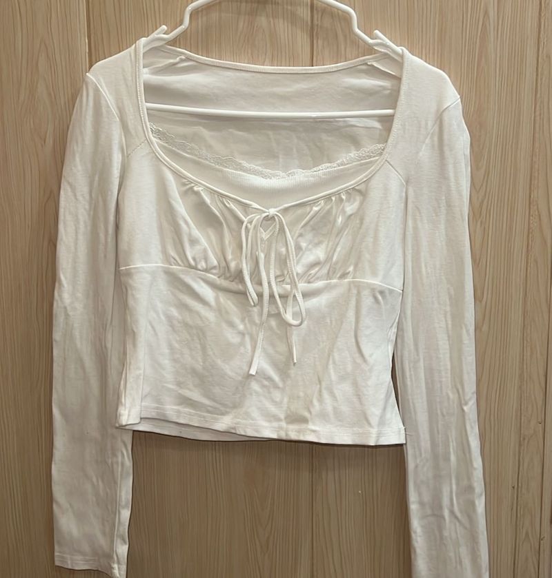White Long Sleeve Lace Trim Tie-Front Top