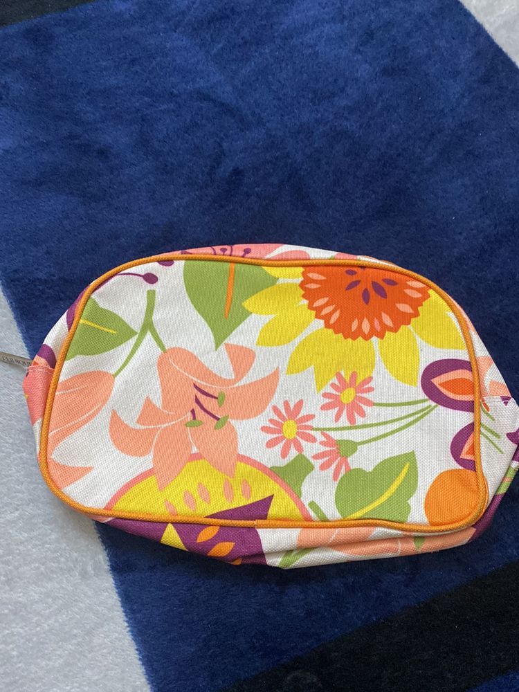 Clinique Cosmetic Bag White Orange Floral Zip
