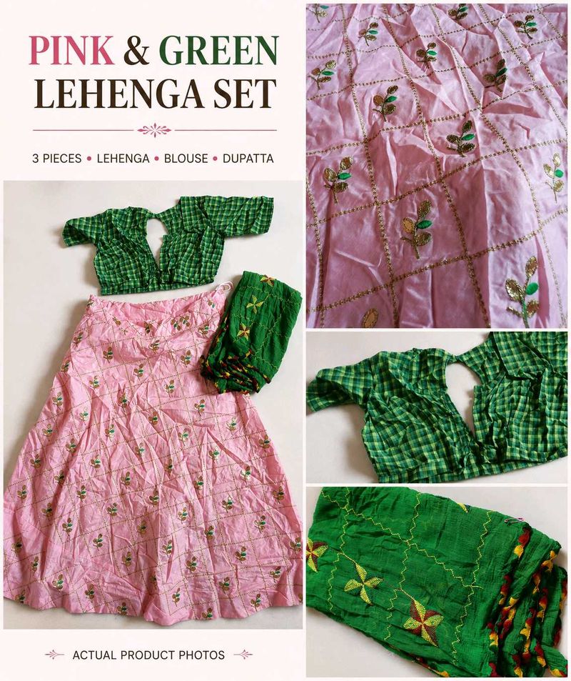Pink Green Cotton Lehenga Choli Set - Navratri Cha