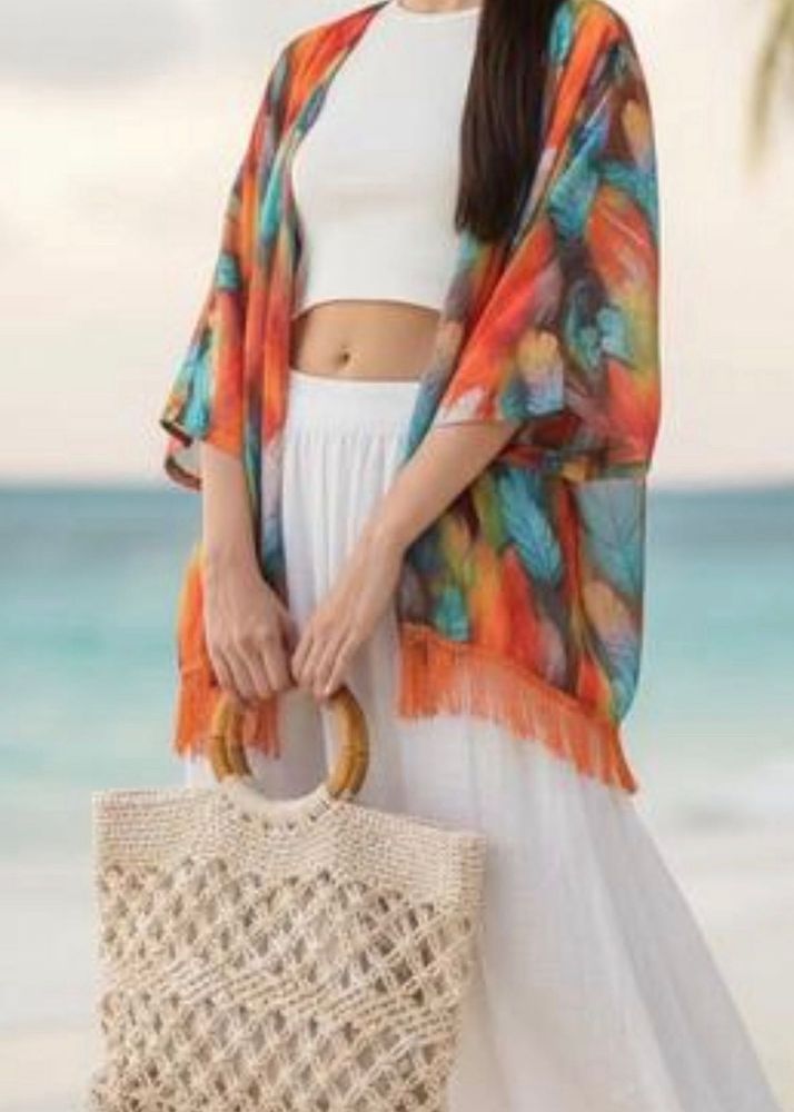 Boho Feather Print Kimono Cover-Up