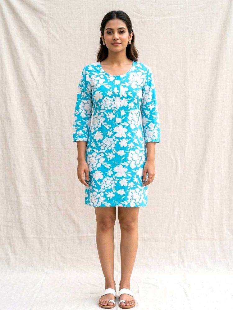 Blue Floral Print A-Line Dress