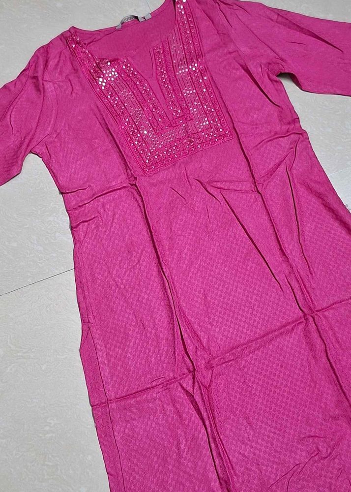 Vibrant Pink Kurta with Embellished Neckline