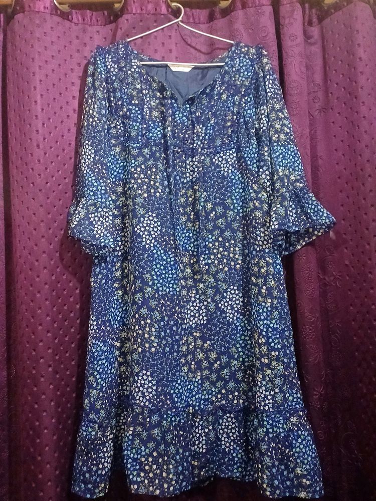 Georgett Blue Flower Printed Frill Frock Style