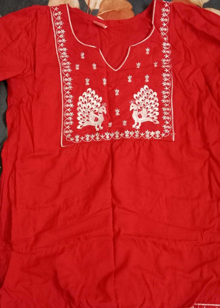 Red Kurta with Peacock Embroidery
