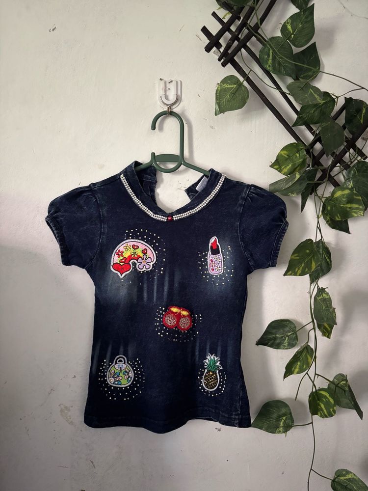 Cute Denim Patch Top