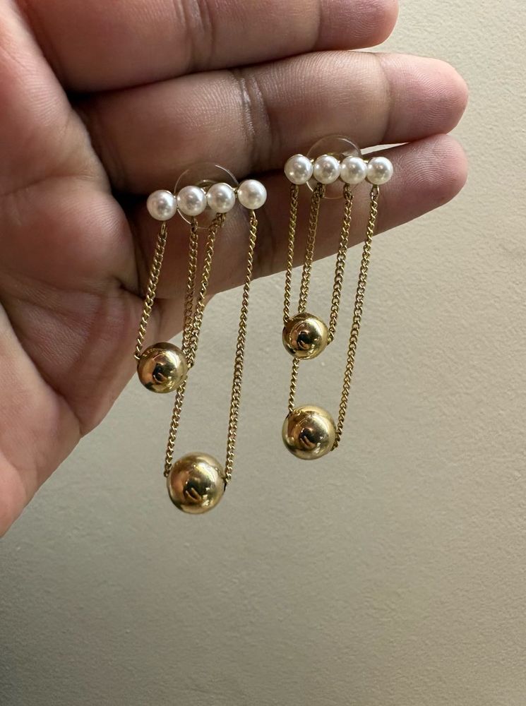 Gold Tone Pearl Drop Chain Earrings