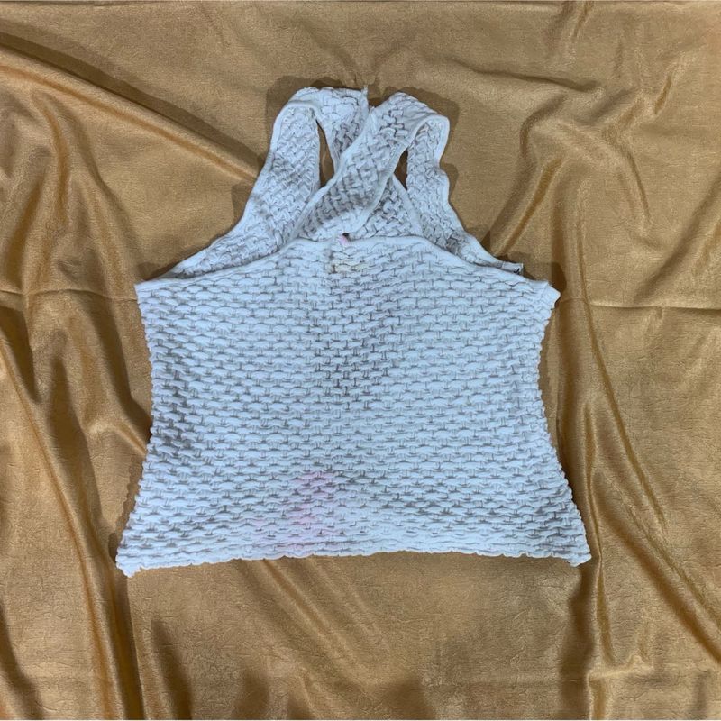 White Textured Halter Neck Crop Top