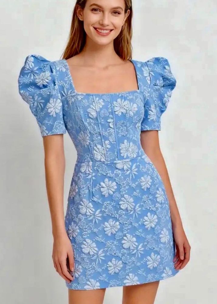Brand New Baby Blue Floral Jacquard Dress