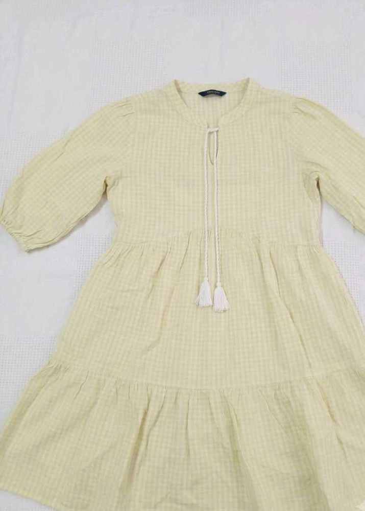 Light Yellow Gingham Tiered Dress