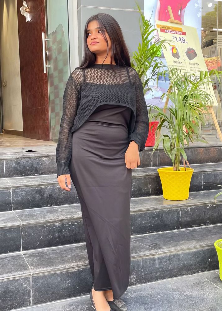 Chic Black Maxi Dress with Cropped Mesh Top