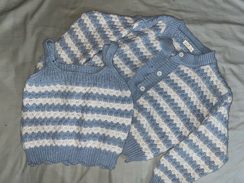 Blue &amp; White Knit Cardigan Set
