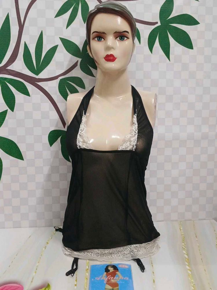 (723)Black Lace Trim Lingerie Top