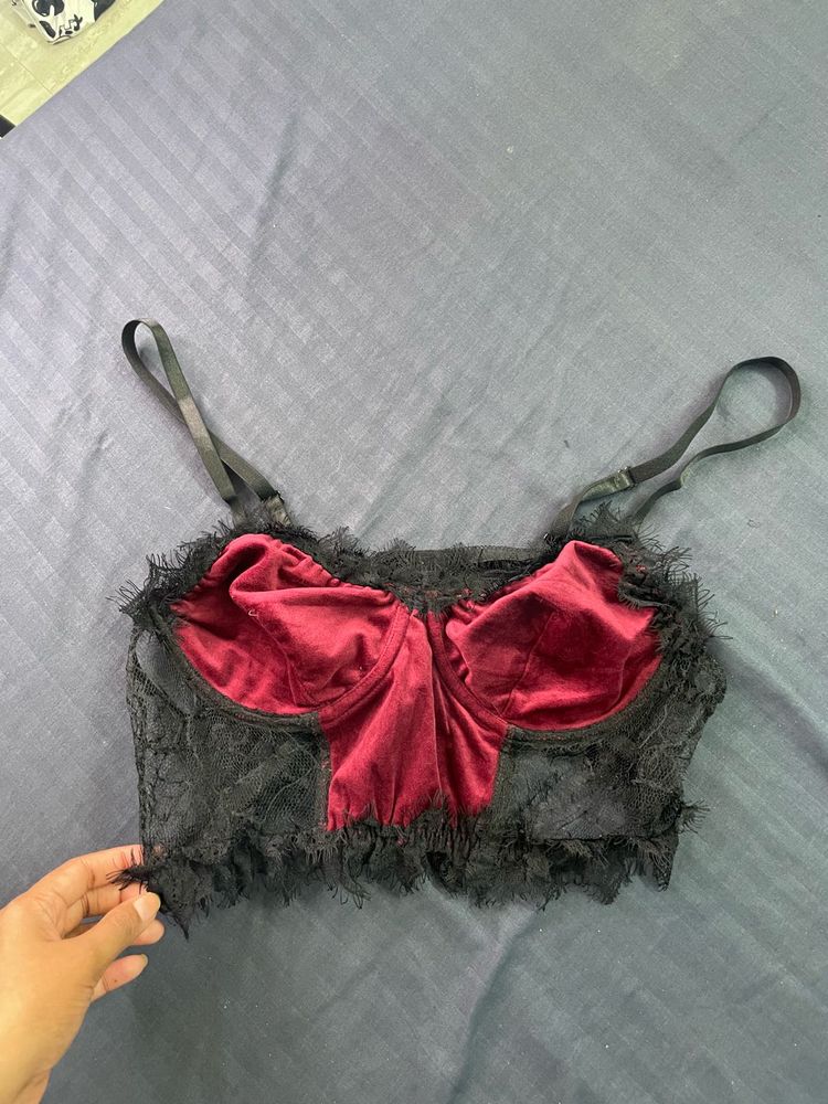 Red Velvet &amp; Black Lace Bralette
