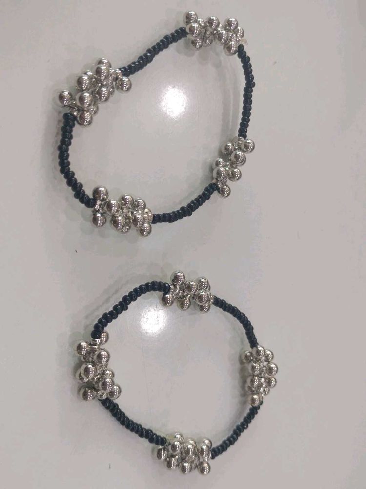 Silver Anklets with Black Beads