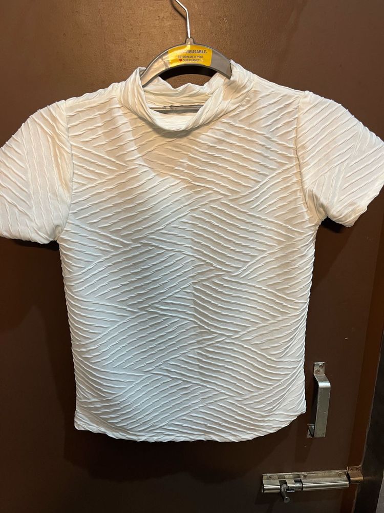 White Textured Mock Neck Tee
