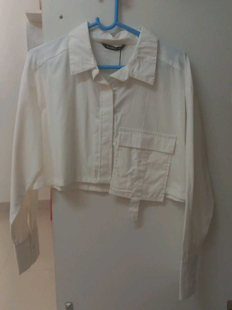 White Collared Crop Top Shirt