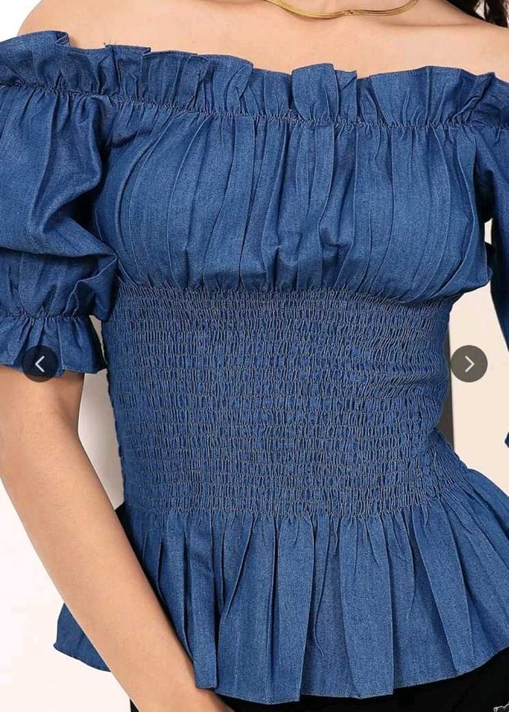 Smocked Off-Shoulder Denim Top