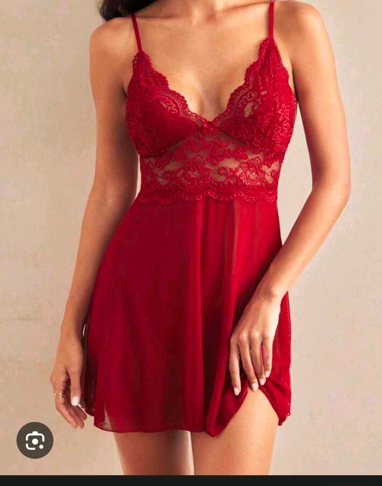Lace Trimmed Red Babydoll Nigty with thong 👍