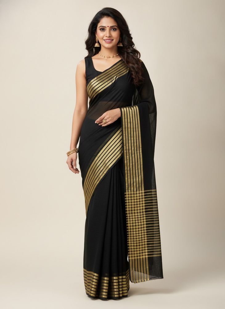 soft golden zari border georgette