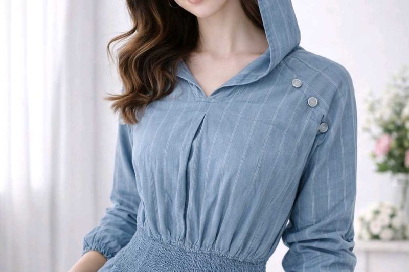 Blue Striped Hooded Top