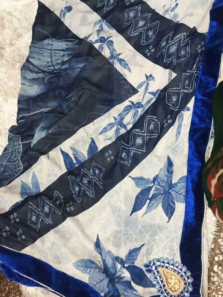 Blue Floral Saree with Velvet Border