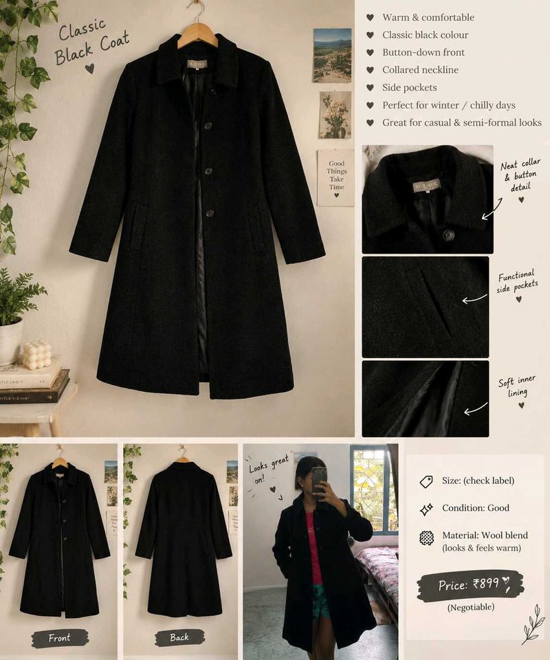 Classic Black Wool Blend Coat