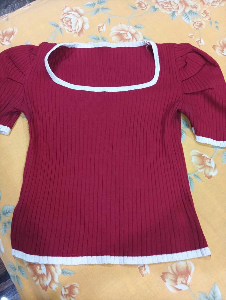 Ribbed Puff Sleeve Square Neck Top
