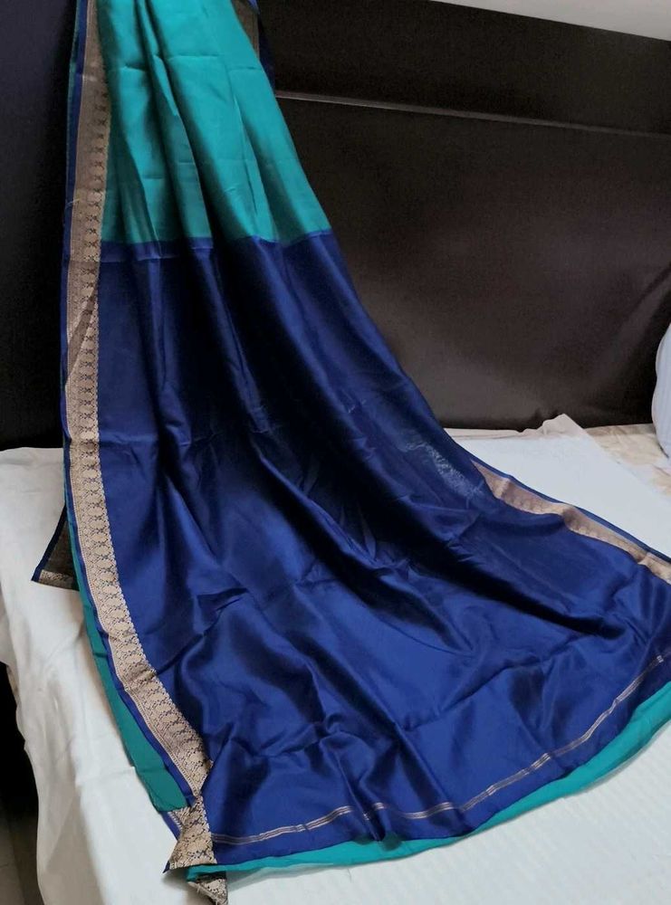Elegant Blue &amp; Teal Embroidered Silk Saree
