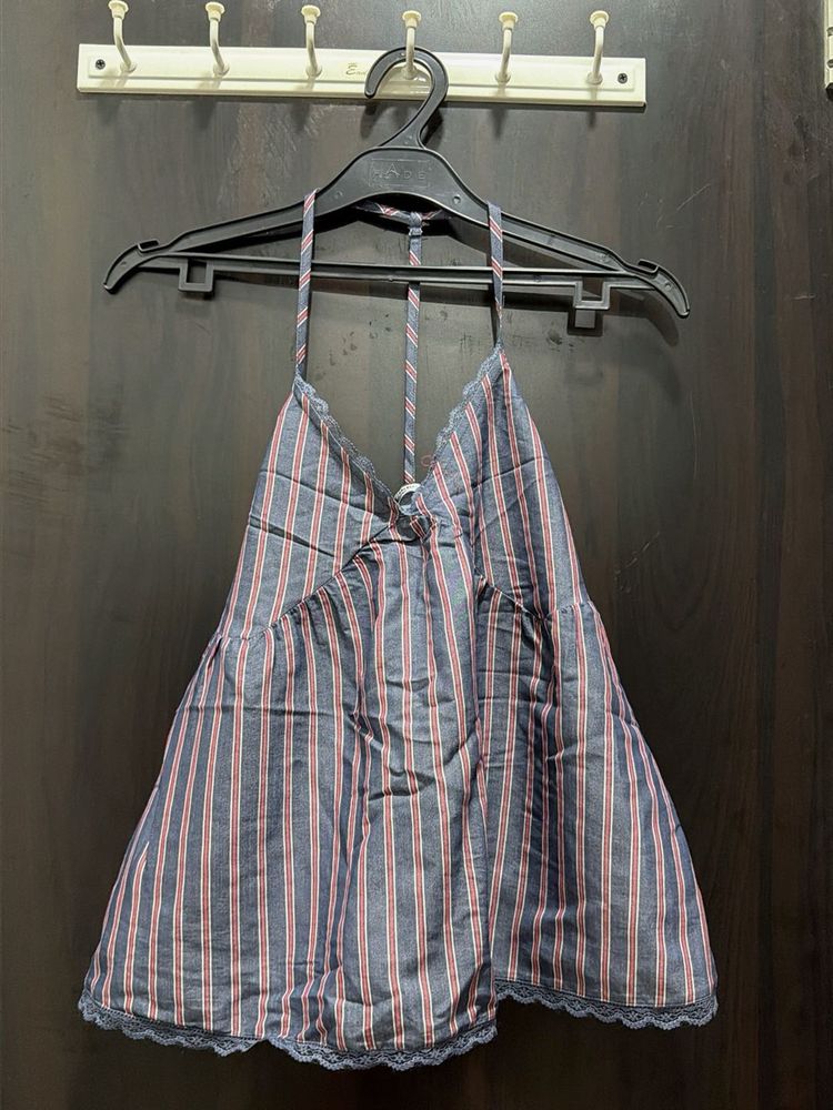 Striped Halter Neck Top with Lace Trim