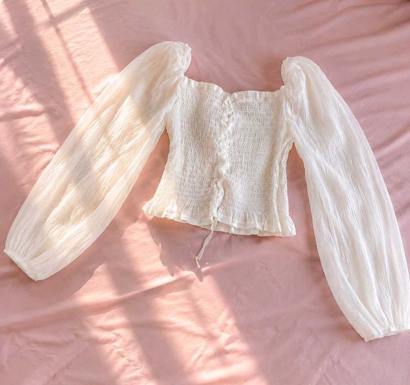 Chic White Smocked Puff Sleeve Top