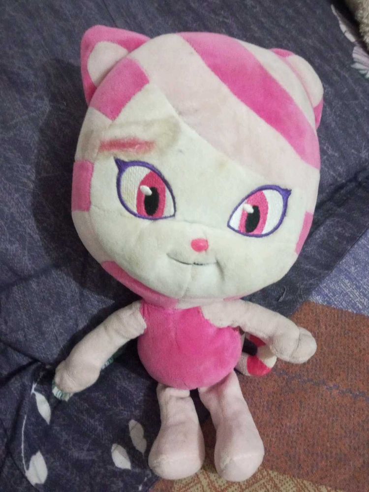 Cute Pink &amp; White Striped Cat Plush Toy