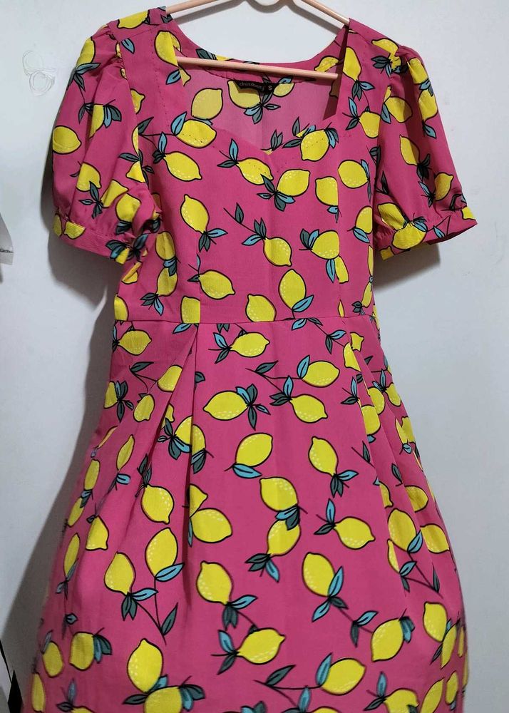 Cute Pink Lemon Print Dress