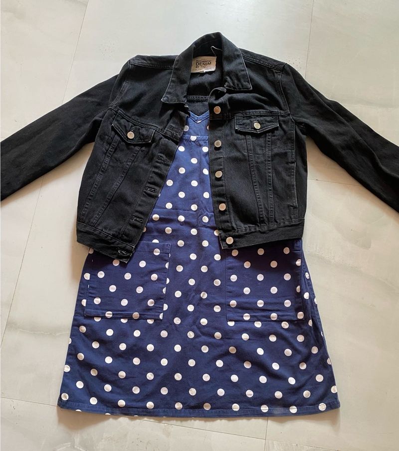 Navy Polka Dot Vest denim Dress