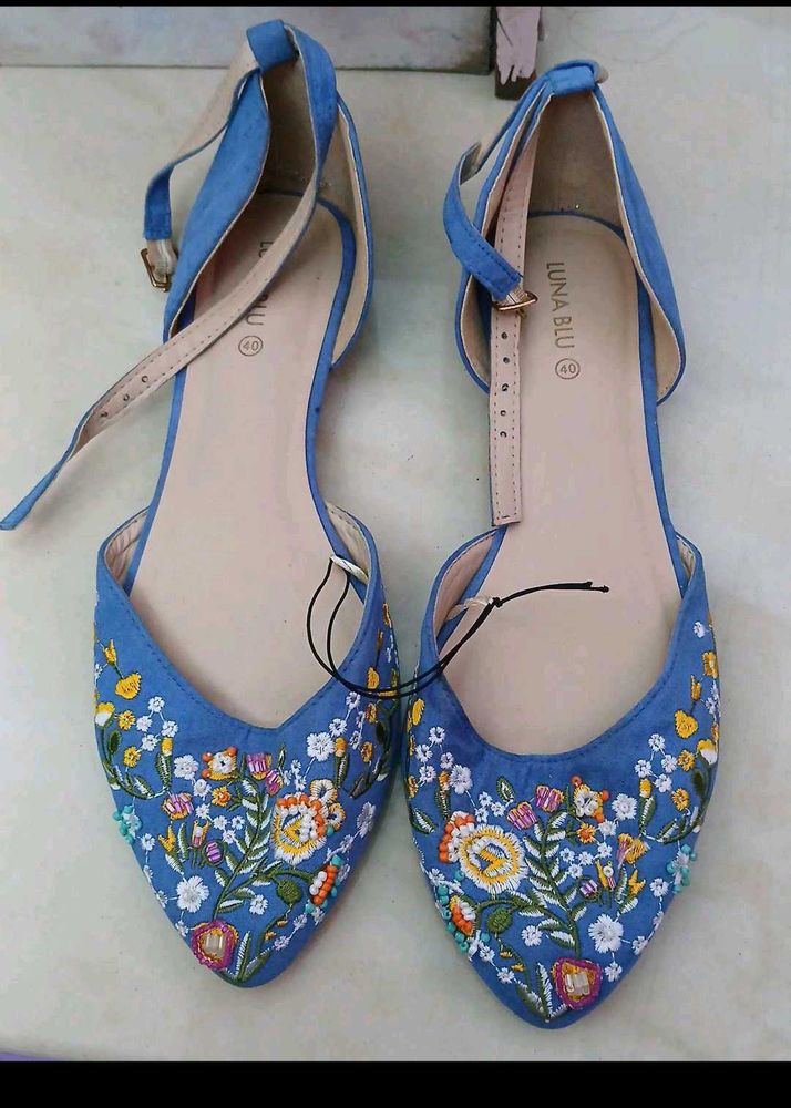 Colourful Floral Blue Ballerina Shoes - UK 7