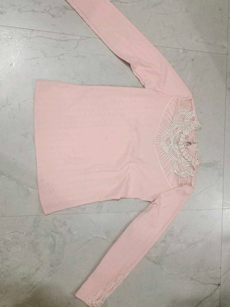 Chic Pink Lace Detail Long Sleeve Top